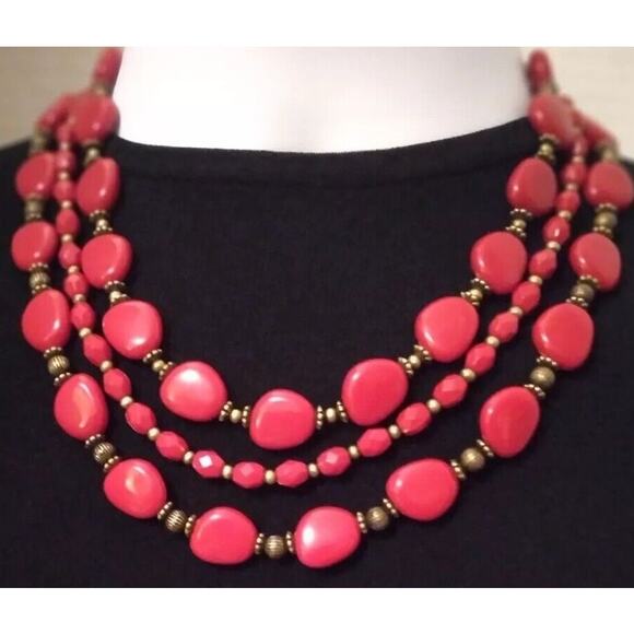 SAQ Necklace Red Three Strands Plastic Beads Light Bronze Chain And Spacers - Picture 1 of 7